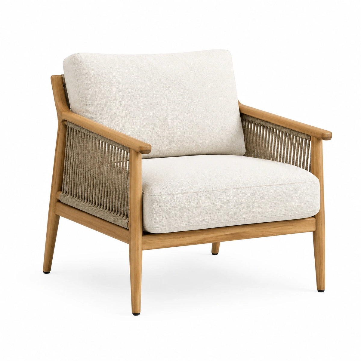 Holzsessel mit Textilpolsterung und Seilgeflecht, 76 × 82 × 84 cm, Creme/Naturholz/Taupe