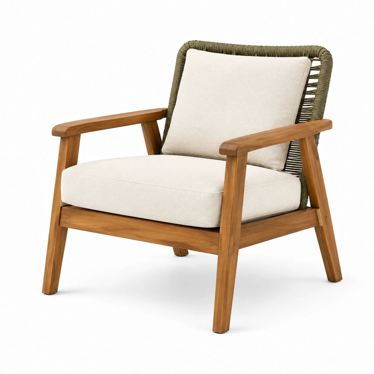 Holzsessel mit geflochtener Rückenlehne und Polsterung, Beige/Braun/Olivegrün, 85 × 75 × 85 cm