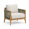 Loungesessel aus Naturholz mit olivgrünem Seilgeflecht und cremefarbener Polsterung, 78 × 75 × 78 cm