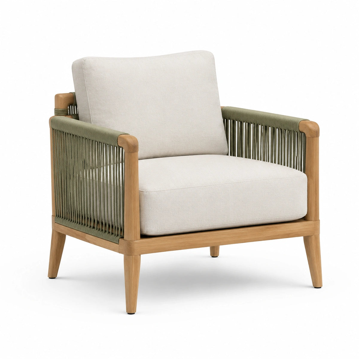 Loungesessel aus Naturholz mit olivgrünem Seilgeflecht und cremefarbener Polsterung, 78 × 75 × 78 cm