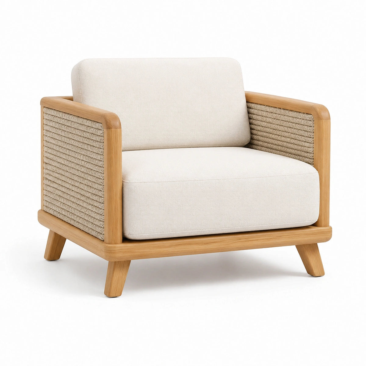 Gepolsterter Loungesessel aus Holz, Seilgeflecht und Textil, 80 × 78 × 78 cm, Beige/Natur