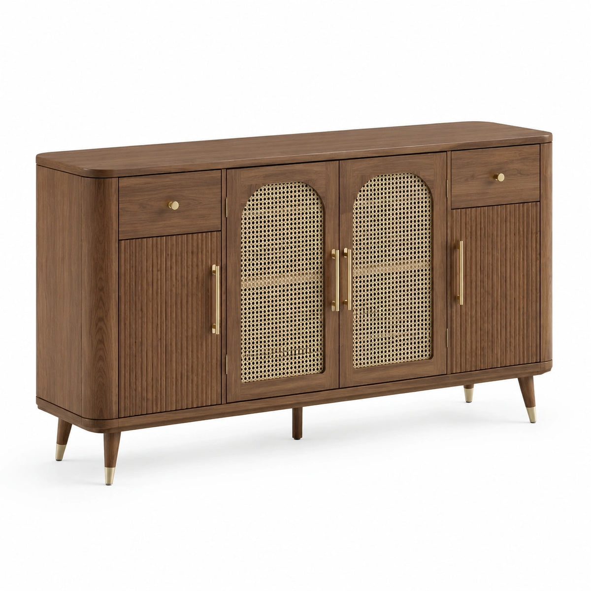 Anrichte 160 x 40 x 85 cm in Walnussoptik mit Rattan und goldfarbenen Griffen