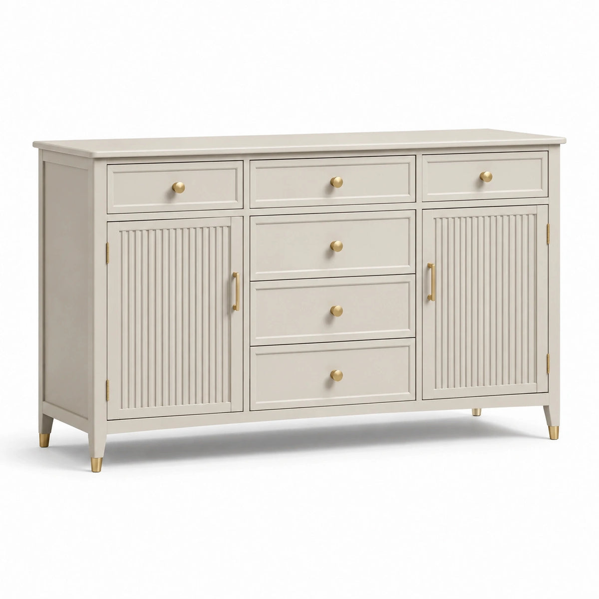 Sideboard 160 × 40 × 90 cm in Cremeweiß/Gold mit 6 Schubladen und 2 geriffelten Türen