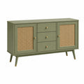Sideboard im Mid-Century-Stil, 140 × 40 × 85 cm, Grün mit Rattanfronten, 2 Türen und 3 Schubladen