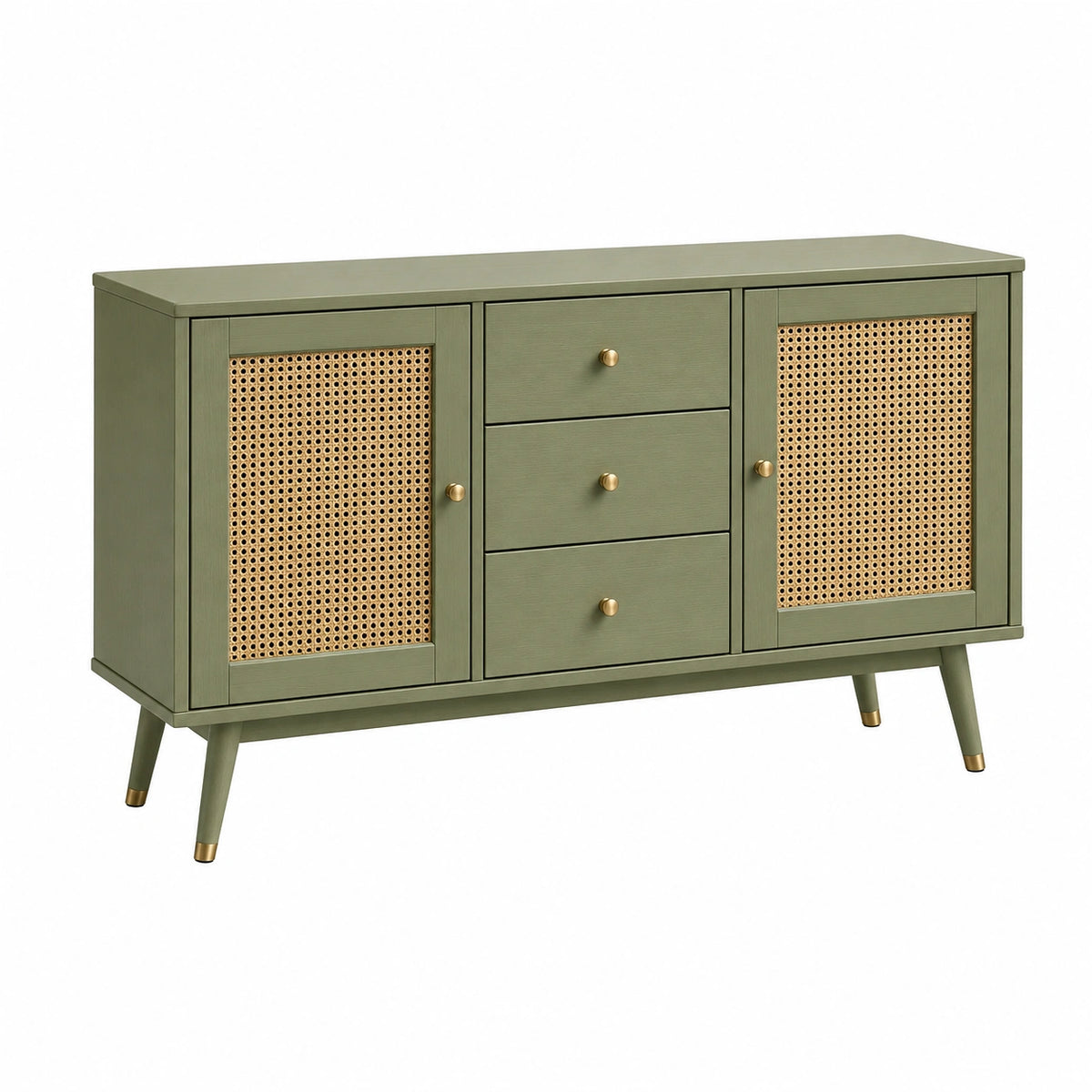 Sideboard im Mid-Century-Stil, 140 × 40 × 85 cm, Grün mit Rattanfronten, 2 Türen und 3 Schubladen
