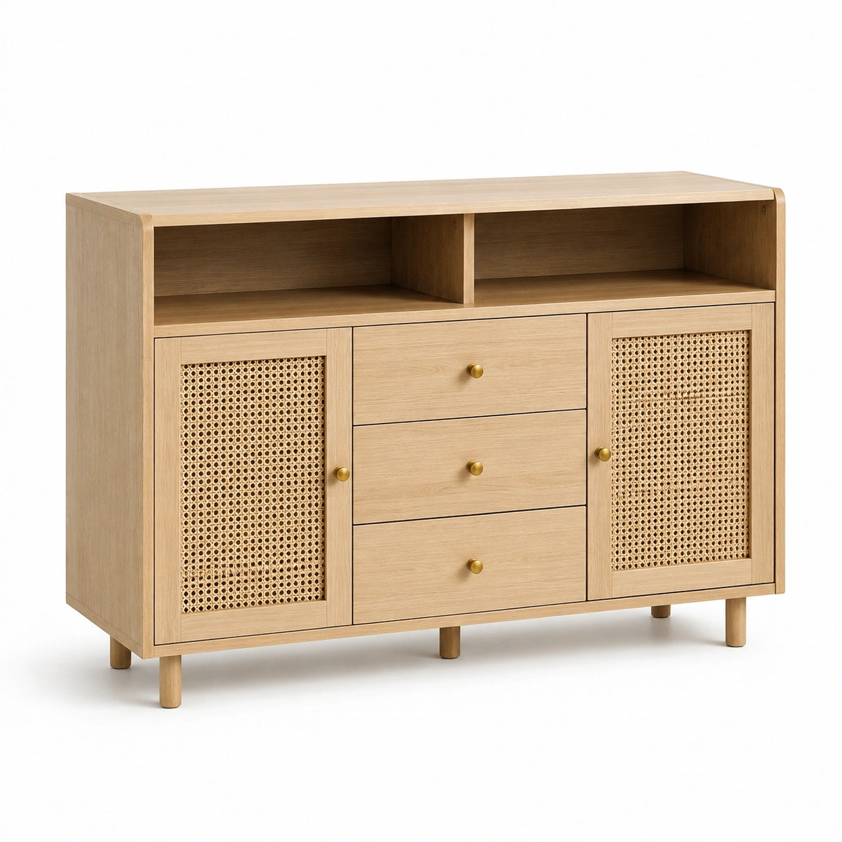 Holz-Sideboard mit Rattangeflecht, 120 × 40 × 95 cm, Natur/Beige/Gold