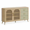 Retro-Sideboard 140 × 40 × 80 cm mit Rattangeflecht, 2 Türen und 3 Schubladen, Natur/Olivgrün/Gold