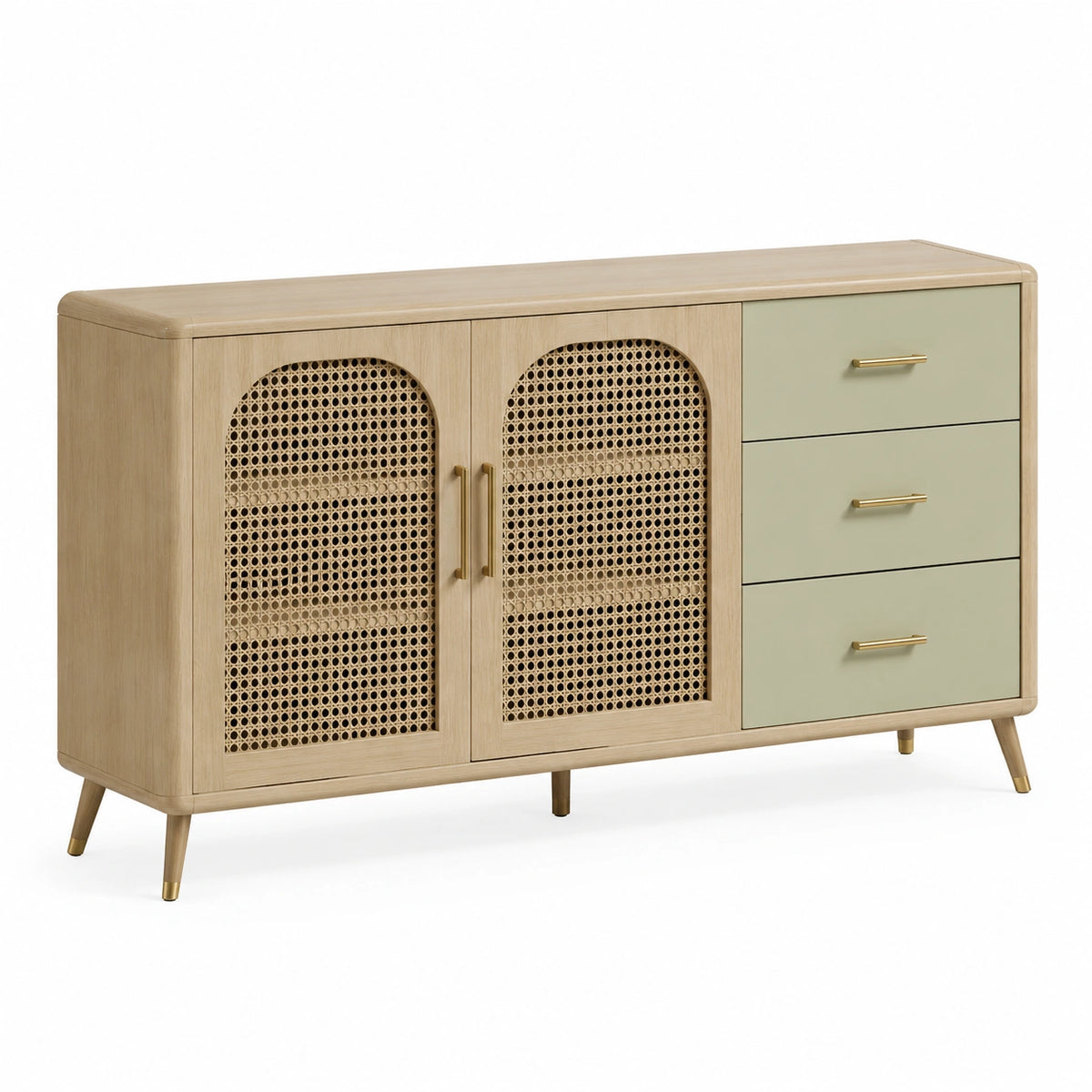 Retro-Sideboard 140 × 40 × 80 cm mit Rattangeflecht, 2 Türen und 3 Schubladen, Natur/Olivgrün/Gold
