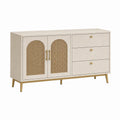 Anrichte aus Holz mit Rattanfronten, 3 Schubladen, 140 × 40 × 85 cm, Beige/Natur/Gold