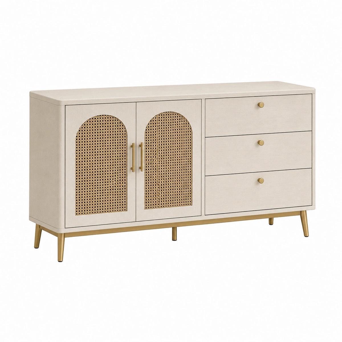 Anrichte aus Holz mit Rattanfronten, 3 Schubladen, 140 × 40 × 85 cm, Beige/Natur/Gold