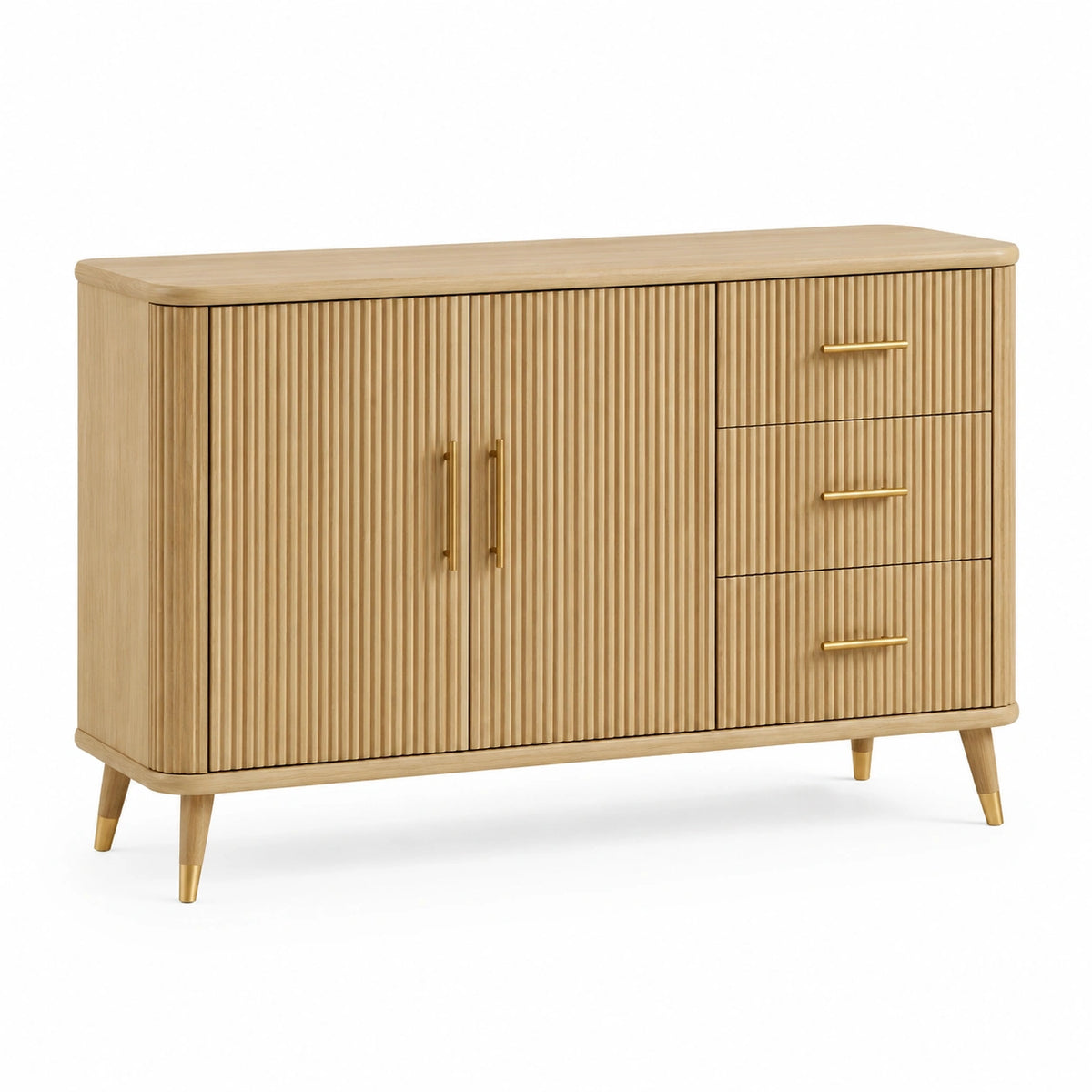 Sideboard aus Holzwerkstoff in Natur/Gold, 120 × 40 × 80 cm, mit Rillenfront, 2 Türen und 3 Schubladen