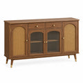 Retro-Sideboard 160 × 40 × 90 cm in Braun mit Rattangeflecht, geriffeltem Glas und goldfarbenen Details