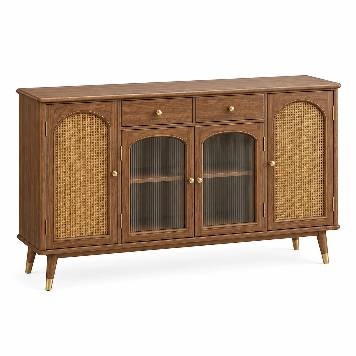 Retro-Sideboard 160 × 40 × 90 cm in Braun mit Rattangeflecht, geriffeltem Glas und goldfarbenen Details