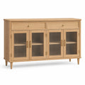 Retro-Sideboard 160 x 40 x 90 cm in Naturbraun mit goldfarbenen Griffen und Riffelglastüren