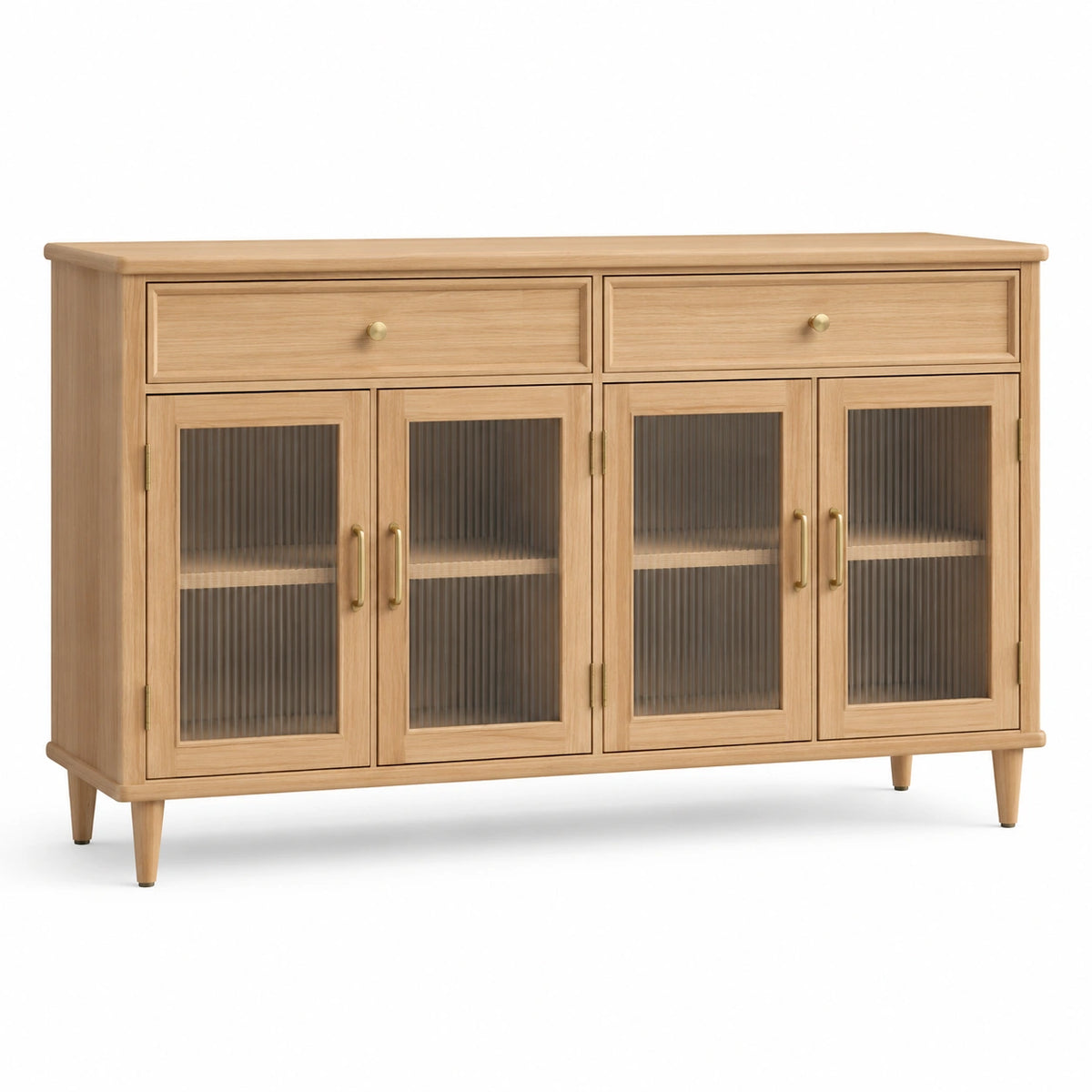 Retro-Sideboard 160 x 40 x 90 cm in Naturbraun mit goldfarbenen Griffen und Riffelglastüren