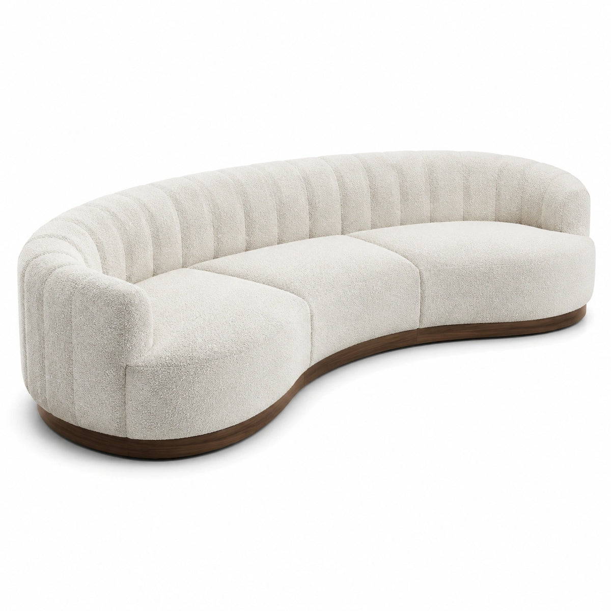 Geschwungenes 3-Sitzer-Sofa aus Bouclé in Creme mit dunkelbraunem Holzsockel, 240 × 100 × 75 cm
