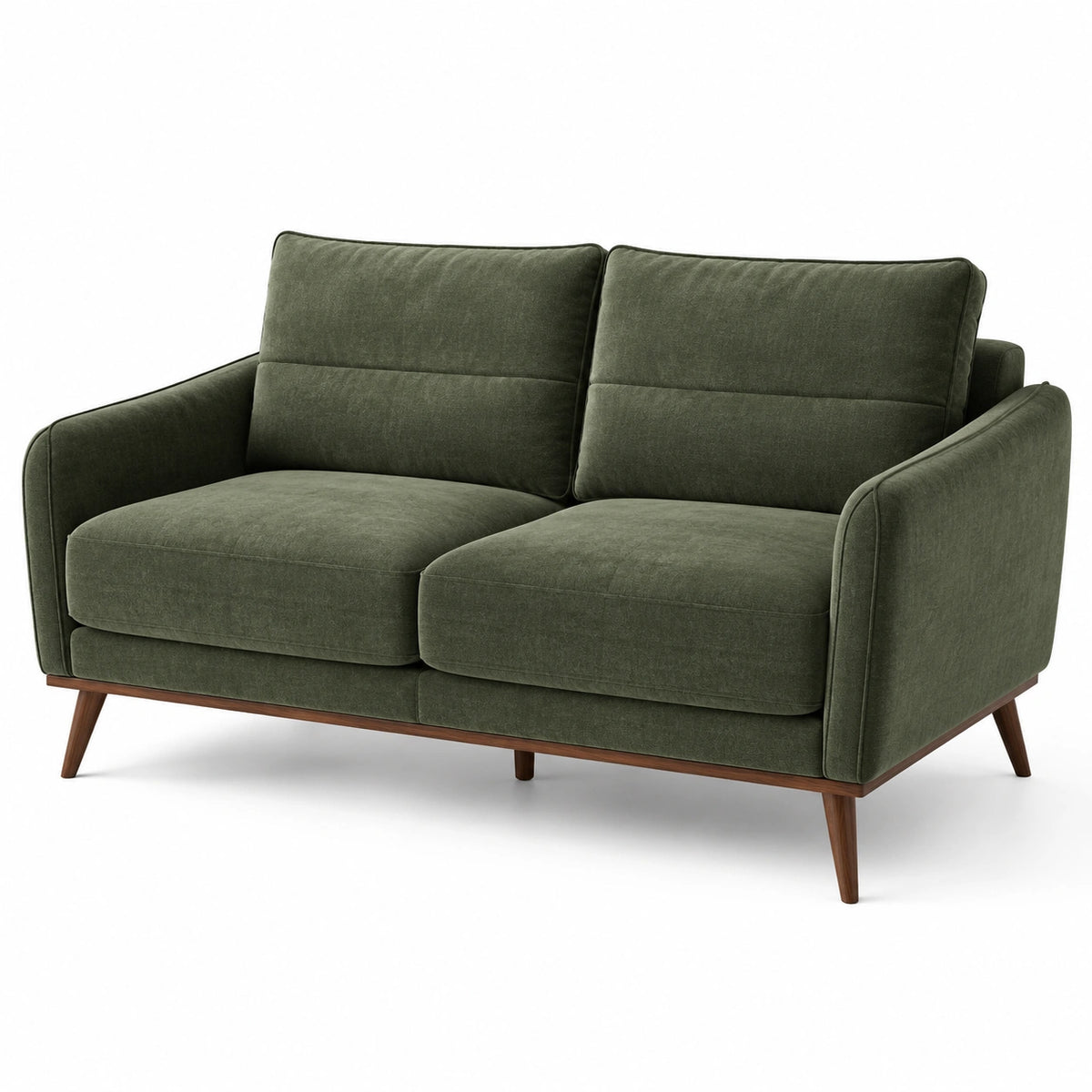 2-Sitzer-Sofa 170 × 85 × 88 cm in Olivgrün mit Textilbezug in Samtoptik und braunen Holzfüßen im Mid-Century-Stil