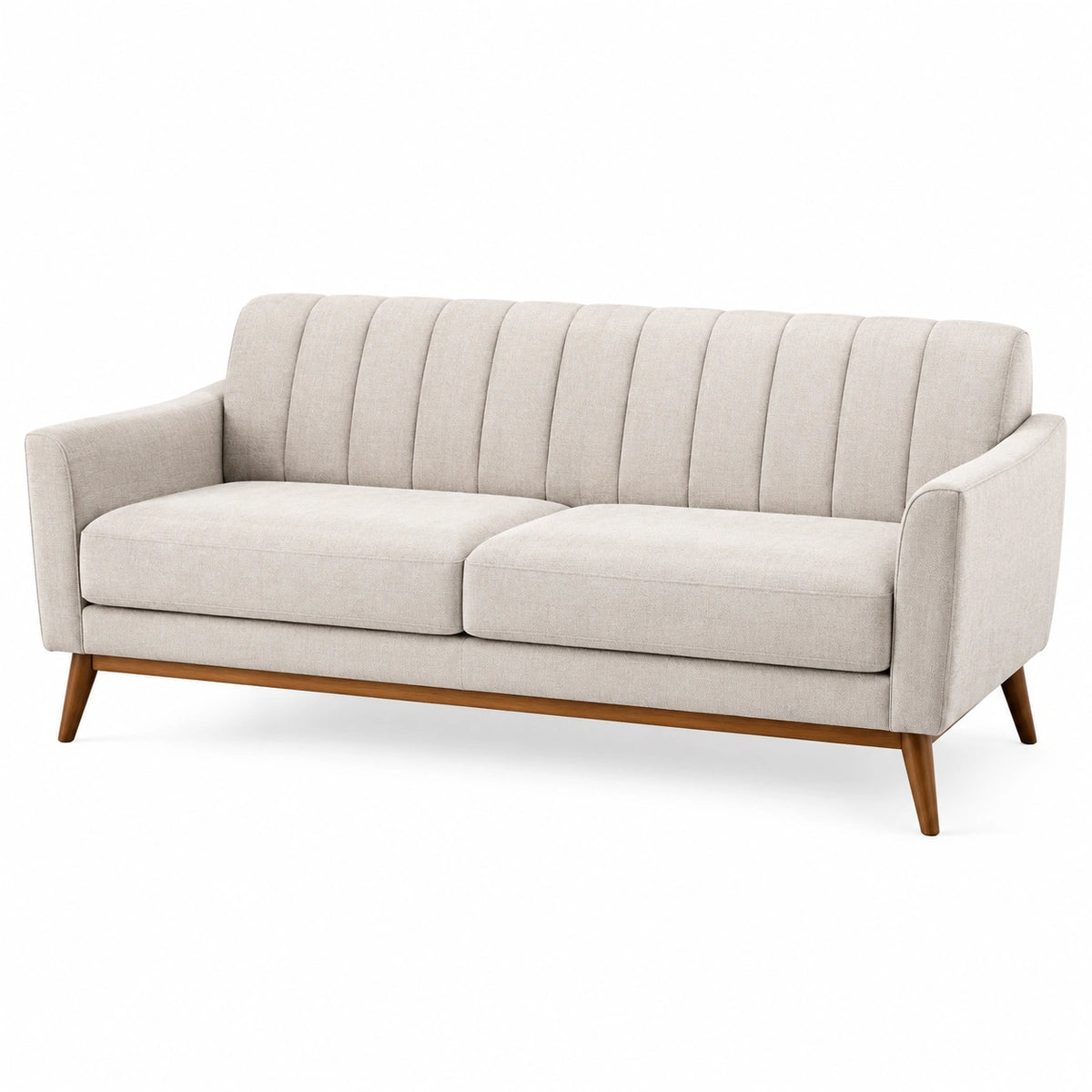 Skandinavisches 2-Sitzer-Sofa, 180 x 85 x 85 cm, Beige mit braunen Holzfüßen