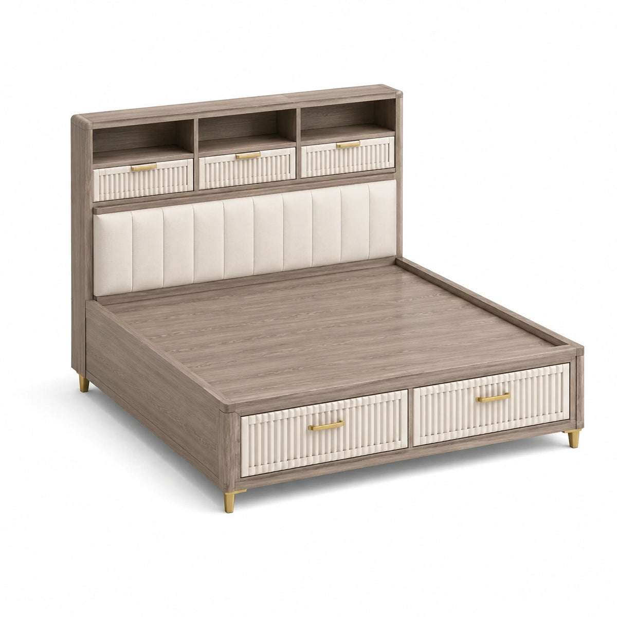 Stauraumbett 160 × 200 cm in Grau, Beige und Gold mit gepolstertem Kopfteil, Ablagefächern und 5 Schubladen