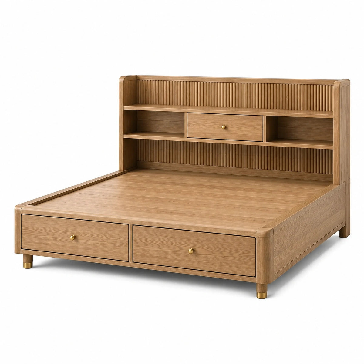 Holz-Stauraumbett in Braun und Gold, Liegefläche 180 x 200 cm, Gesamtmaße 220 x 200 x 120 cm