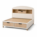 Gepolstertes Bettgestell 160 × 200 cm mit Schubladen und Kopfteilablagen, 215 × 171 × 120 cm, Creme/Hellbraun