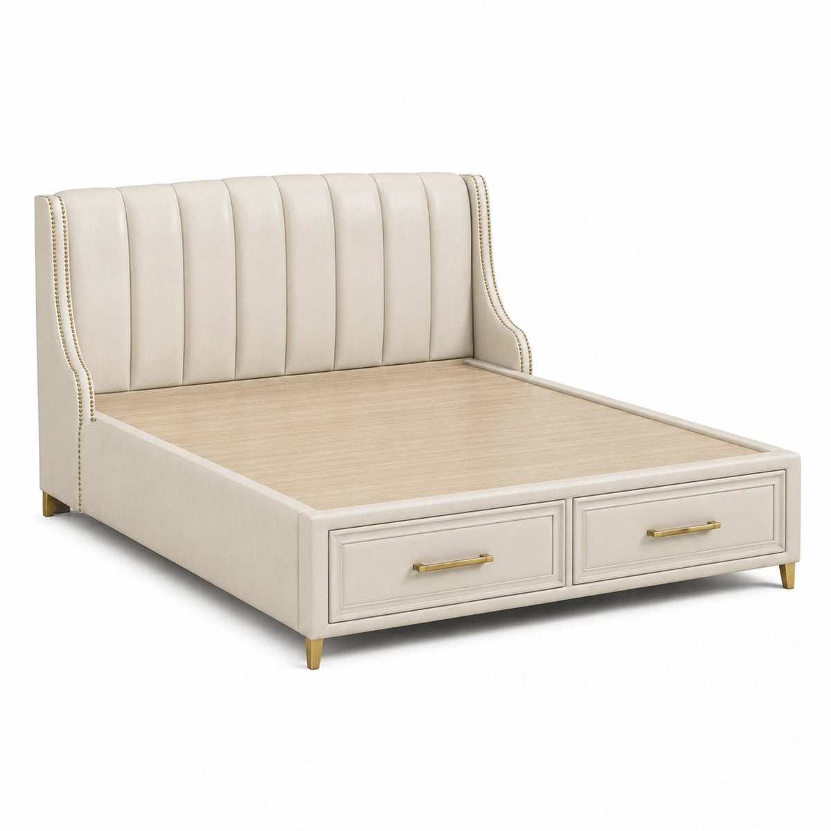 Gepolstertes Bettgestell Creme/Gold mit 2 Schubladen, für Matratze 160 × 200 cm, 220 × 170 × 130 cm