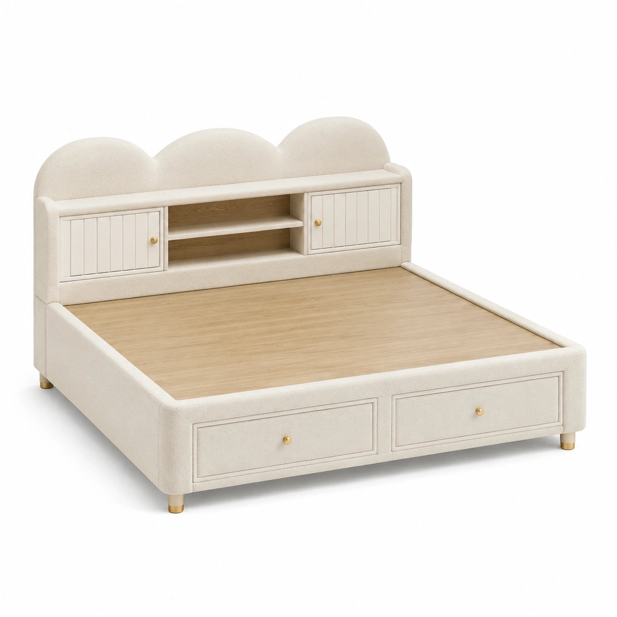 Stauraumbett 160 × 200 cm in Creme/Natur/Gold mit gepolstertem Kopfteil, Ablagen und Schubladen