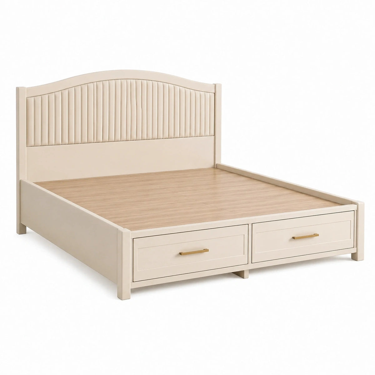 Bettgestell 160 × 200 cm in Creme und Hellbraun mit gepolstertem Kopfteil und 2 Schubladen