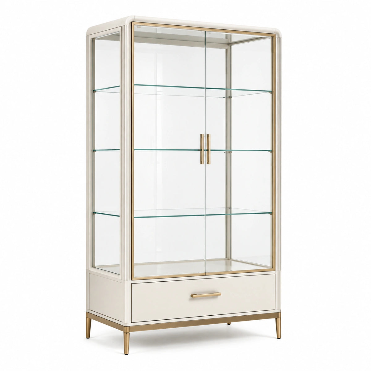 Vitrine mit 2 Glastüren, 3 Glasböden und Schublade, 90 × 40 × 180 cm, Weiß/Gold/Transparent