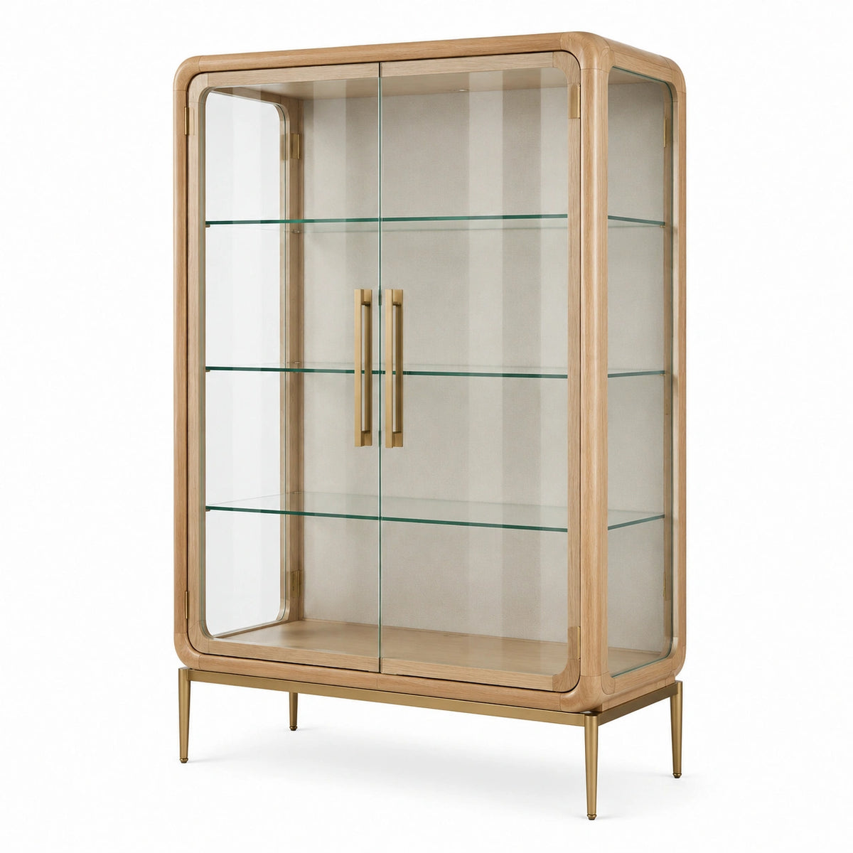 Zweittürige Vitrine aus Holz und Glas, 100 × 45 × 180 cm, Natur/Transparent/Gold