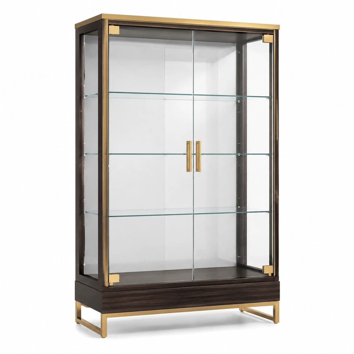 Glasvitrine aus Holz und Metall, 100 × 45 × 180 cm, Dunkelbraun/Gold/Transparent