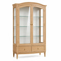 Klassische Holzvitrine mit Glastüren und 2 Schubladen, Natur/Transparent/Gold, 100 × 45 × 190 cm