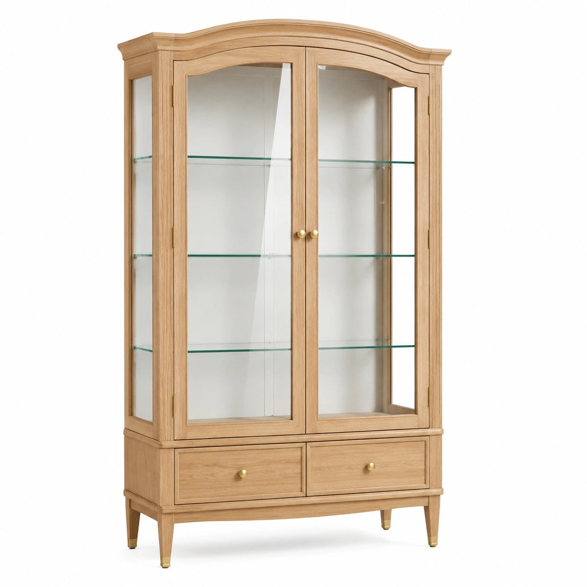 Klassische Holzvitrine mit Glastüren und 2 Schubladen, Natur/Transparent/Gold, 100 × 45 × 190 cm