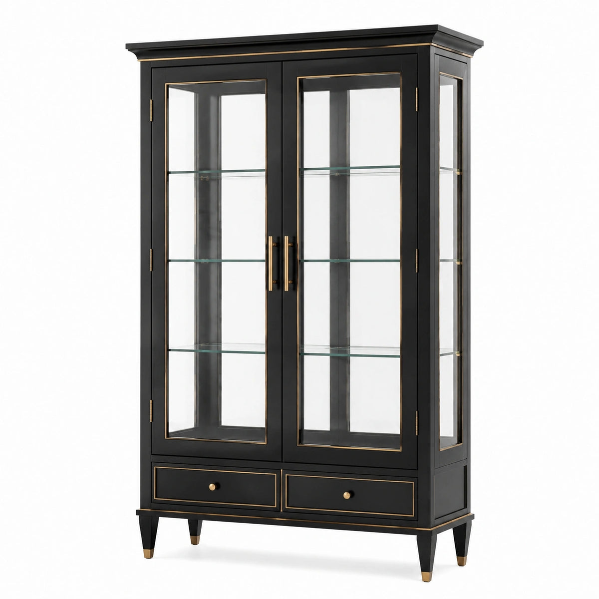 Klassische Vitrine 100 × 45 × 190 cm in Schwarz/Gold mit Glastüren und 2 Schubladen