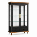 Klassische Holz-Glas-Vitrine mit 2 Glastüren und 2 Schubladen, 100 × 40 × 190 cm, Schwarz/Braun/Gold