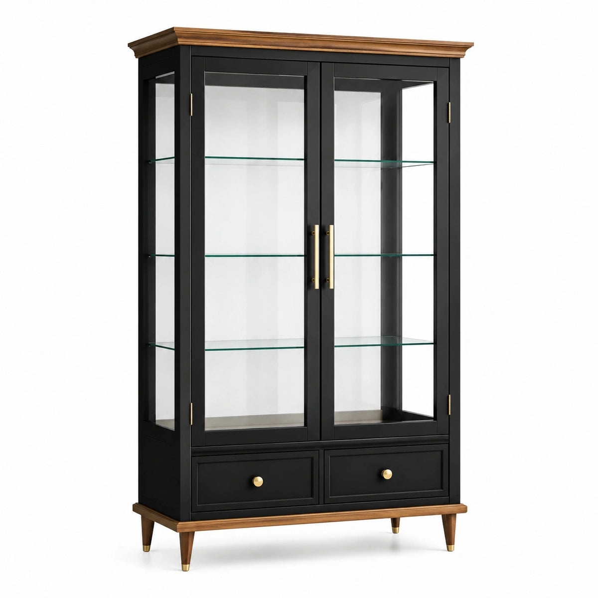 Klassische Holz-Glas-Vitrine mit 2 Glastüren und 2 Schubladen, 100 × 40 × 190 cm, Schwarz/Braun/Gold