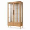 Vitrine aus Holz und Glas, 90 × 40 × 180 cm, Naturbraun/Transparent, mit 2 Schubladen