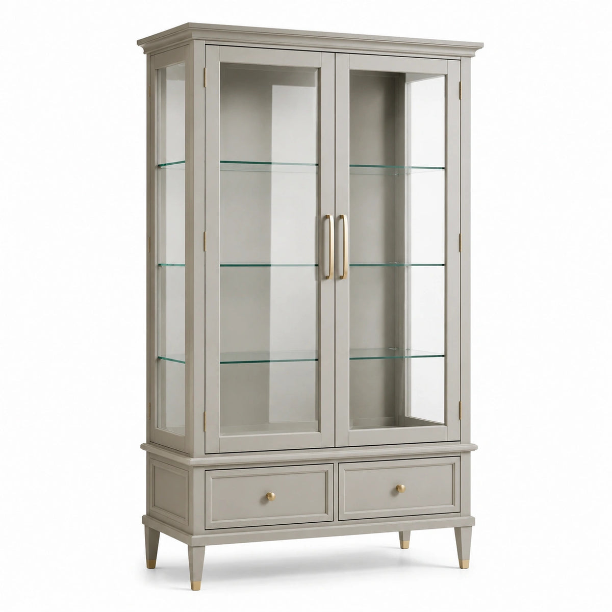 Greige Glasvitrine mit 2 Glastüren, 2 Schubladen und Glasböden, 100 × 45 × 190 cm