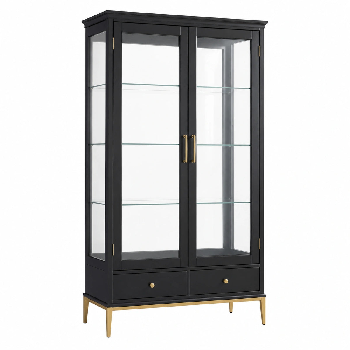 Vitrine 100 × 40 × 190 cm aus Holzwerkstoff, Glas und Metall in Schwarz/Gold mit 2 Schubladen