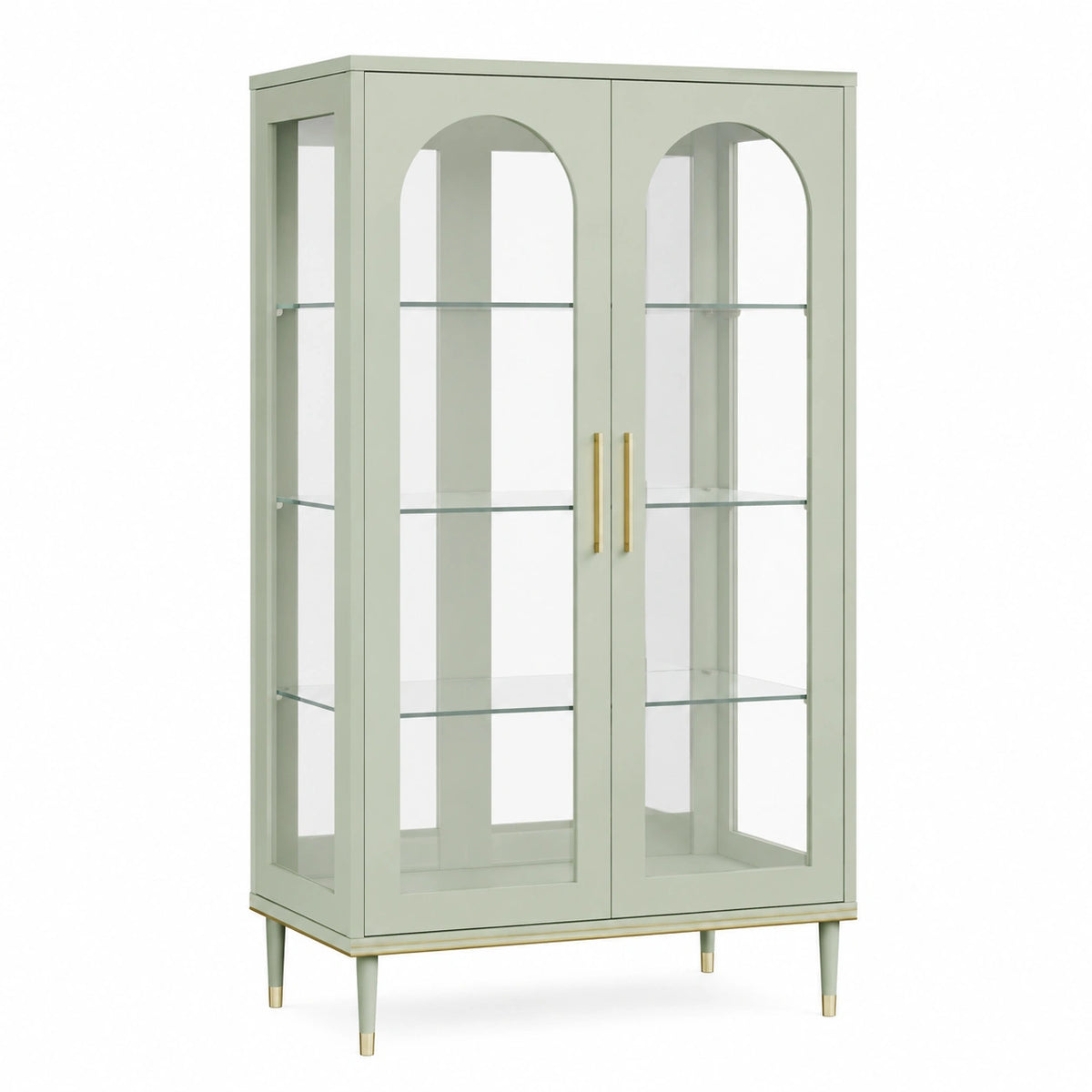 Moderne Vitrine 90 × 40 × 180 cm in Mintgrün mit Glastüren, Glasböden und goldfarbenen Akzenten