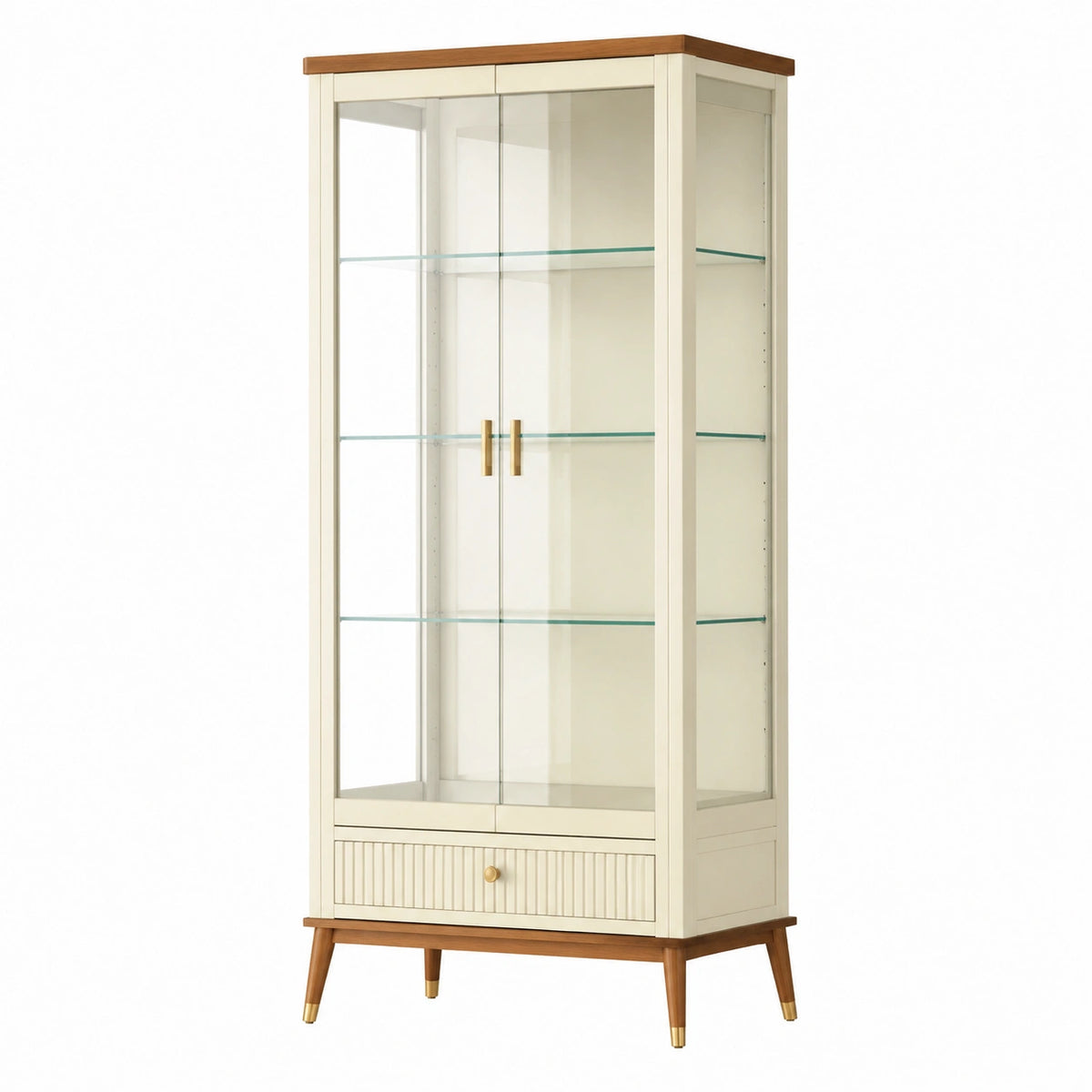 Vitrine 80 × 40 × 180 cm mit Glastüren, Glasböden und Schublade in Creme/Braun