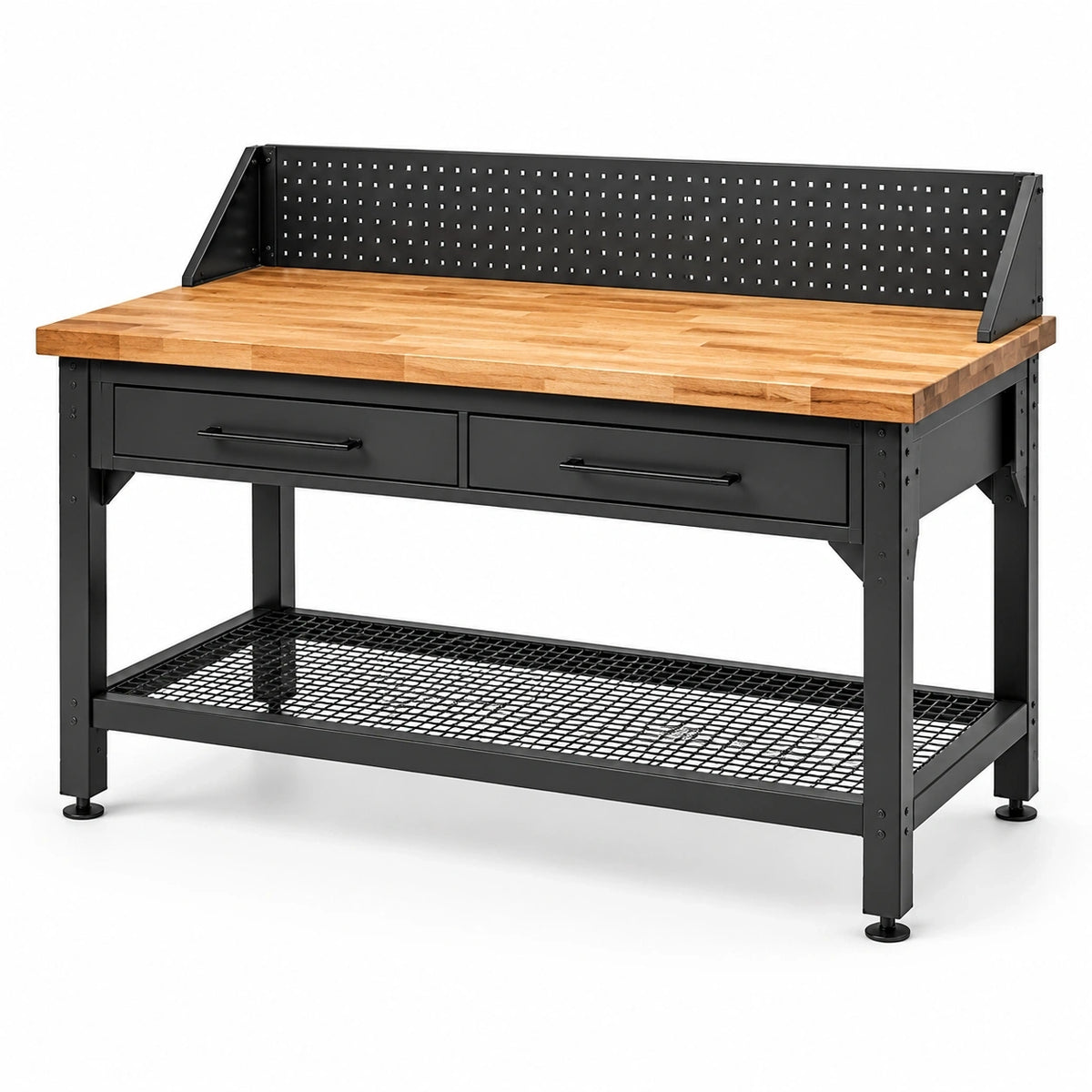 Werkbank im Industriestil, 152 × 61 × 155 cm, Schwarz/Natur, Stahl und Holz