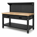Werkbank mit Lochwand, 2 Schubladen und Ablage, Metall/Holz, 120 × 60 × 150 cm, Schwarz/Natur