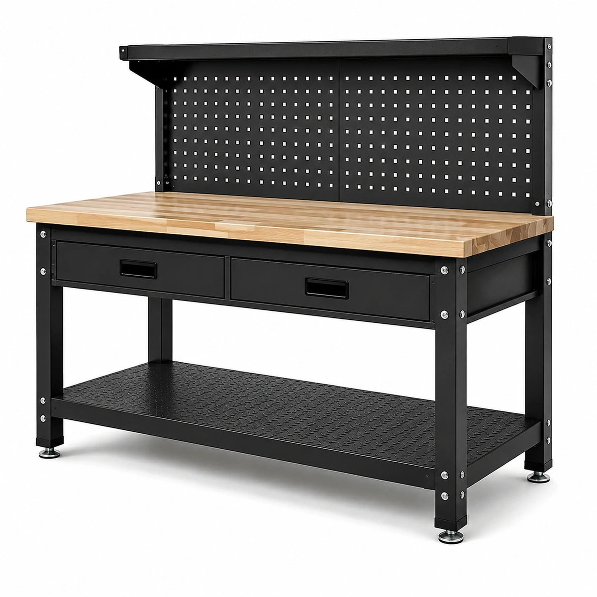 Werkbank mit Lochwand, 2 Schubladen und Ablage, Metall/Holz, 120 × 60 × 150 cm, Schwarz/Natur