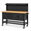 Stahl-Holz-Werkbank 152 × 61 × 155 cm mit Lochwand, Rollen, Schubladen und Stauraum, Schwarz/Natur