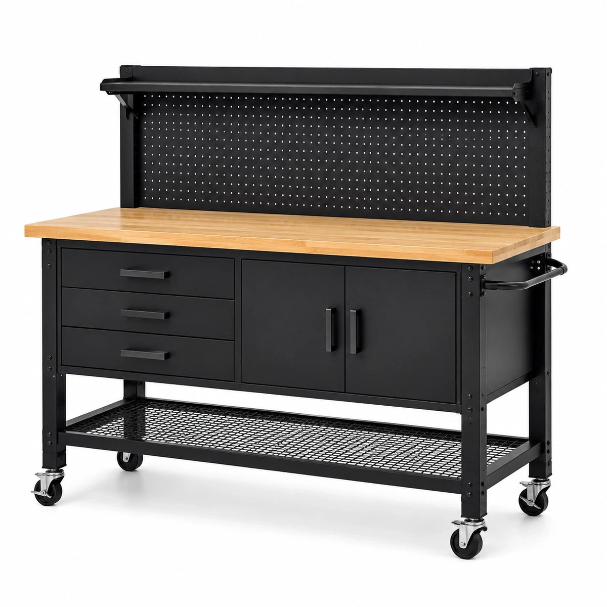 Stahl-Holz-Werkbank 152 × 61 × 155 cm mit Lochwand, Rollen, Schubladen und Stauraum, Schwarz/Natur