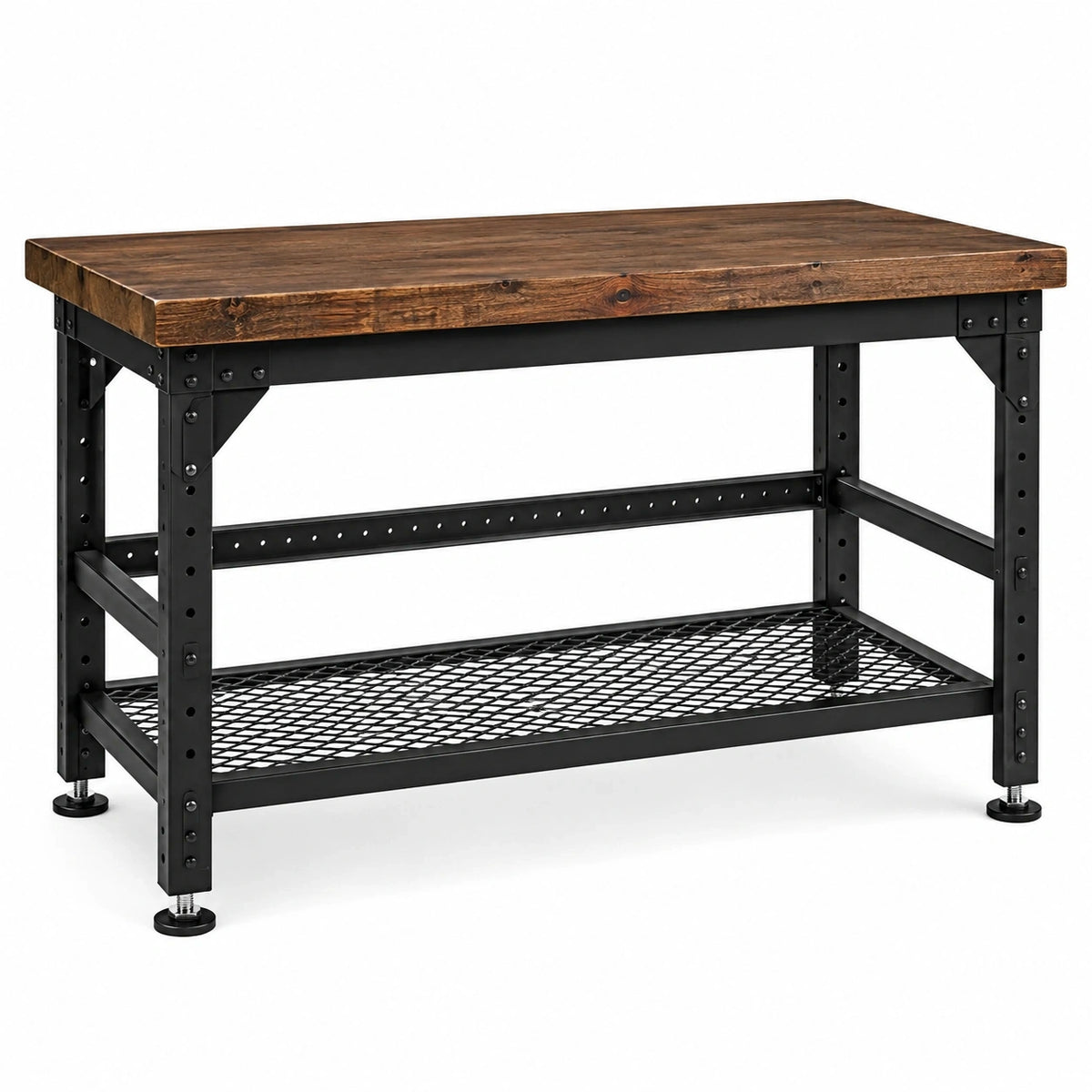 Höhenverstellbare Werkbank im Industriestil, 122 × 61 × 91 cm, Holz und Stahl, Braun/Schwarz