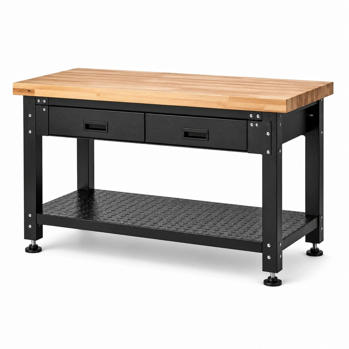 Werkbank im Industriestil 120 × 60 × 90 cm mit Massivholzplatte, 2 Schubladen und Stahlablage, Schwarz/Natur