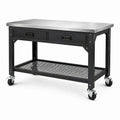 Mobile Werkbank 122 × 61 × 91 cm aus Stahl, Schwarz/Silber, mit Edelstahl-Arbeitsplatte, 2 Schubladen und Rollen