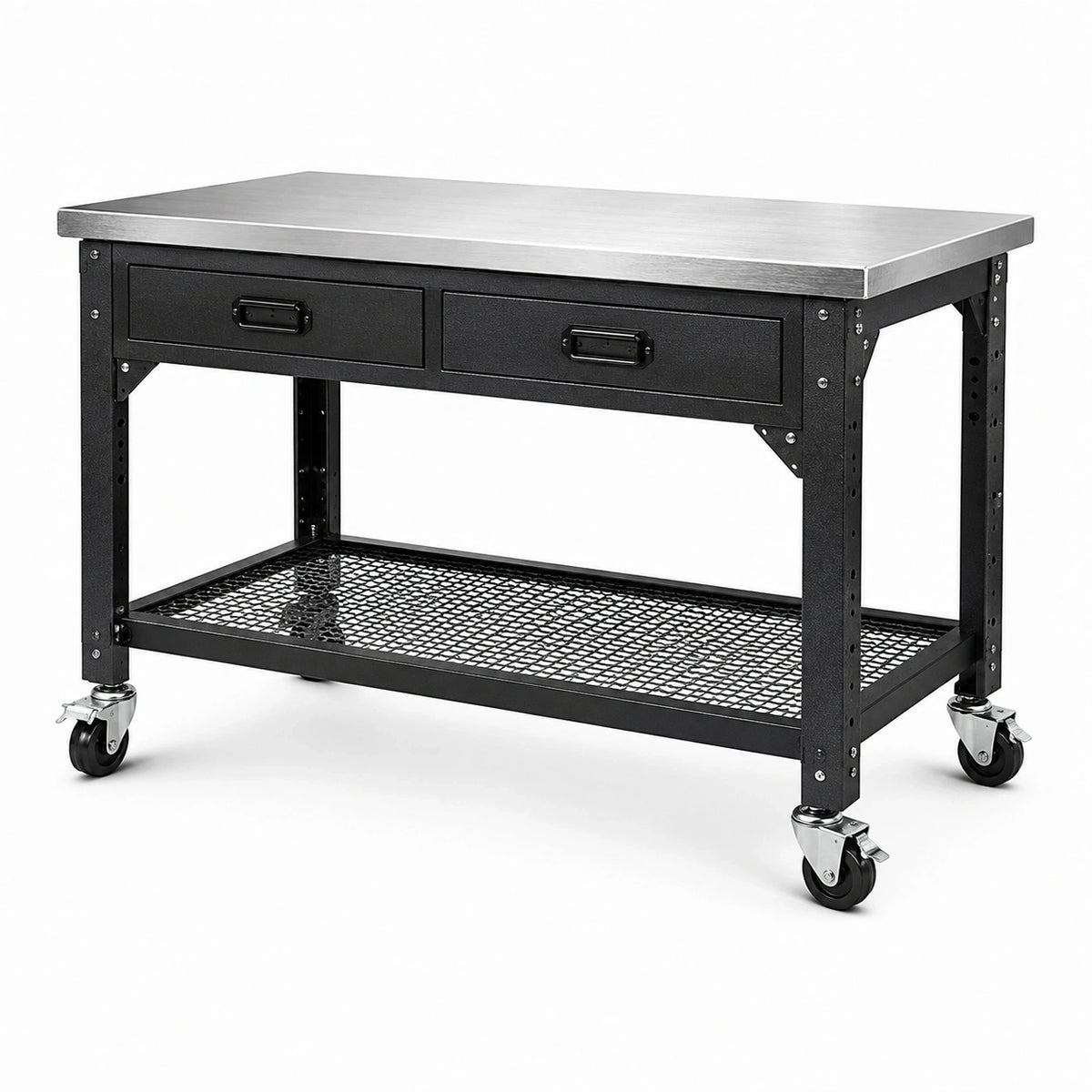 Mobile Werkbank 122 × 61 × 91 cm aus Stahl, Schwarz/Silber, mit Edelstahl-Arbeitsplatte, 2 Schubladen und Rollen